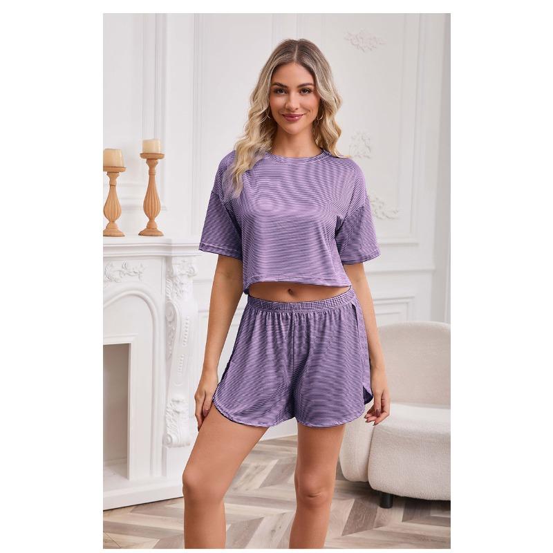 VEZFAA Women's Fashion Spring Summer Stripe Print Short Sleeve O‑Neck Casual Pajama Set