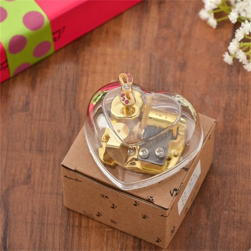 Hand Windup Metal Movement Octave Box Music Box with Transparent Acrylic Heart Shape For Friend Couple Birthday Gift