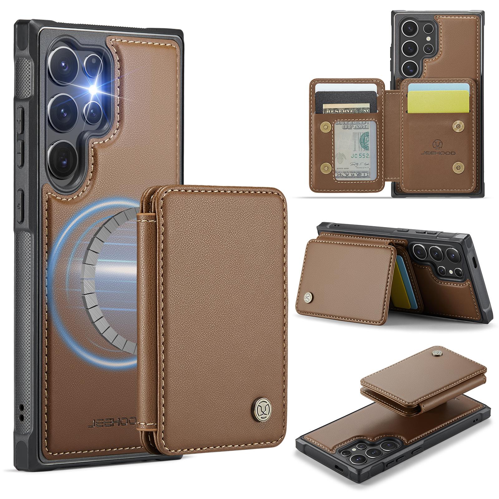 

For Samsung Galaxy S25 Ultra Case JEEHOOD J05 Leather Mobile Cover with Detachable Magnetic Card Bag Brown