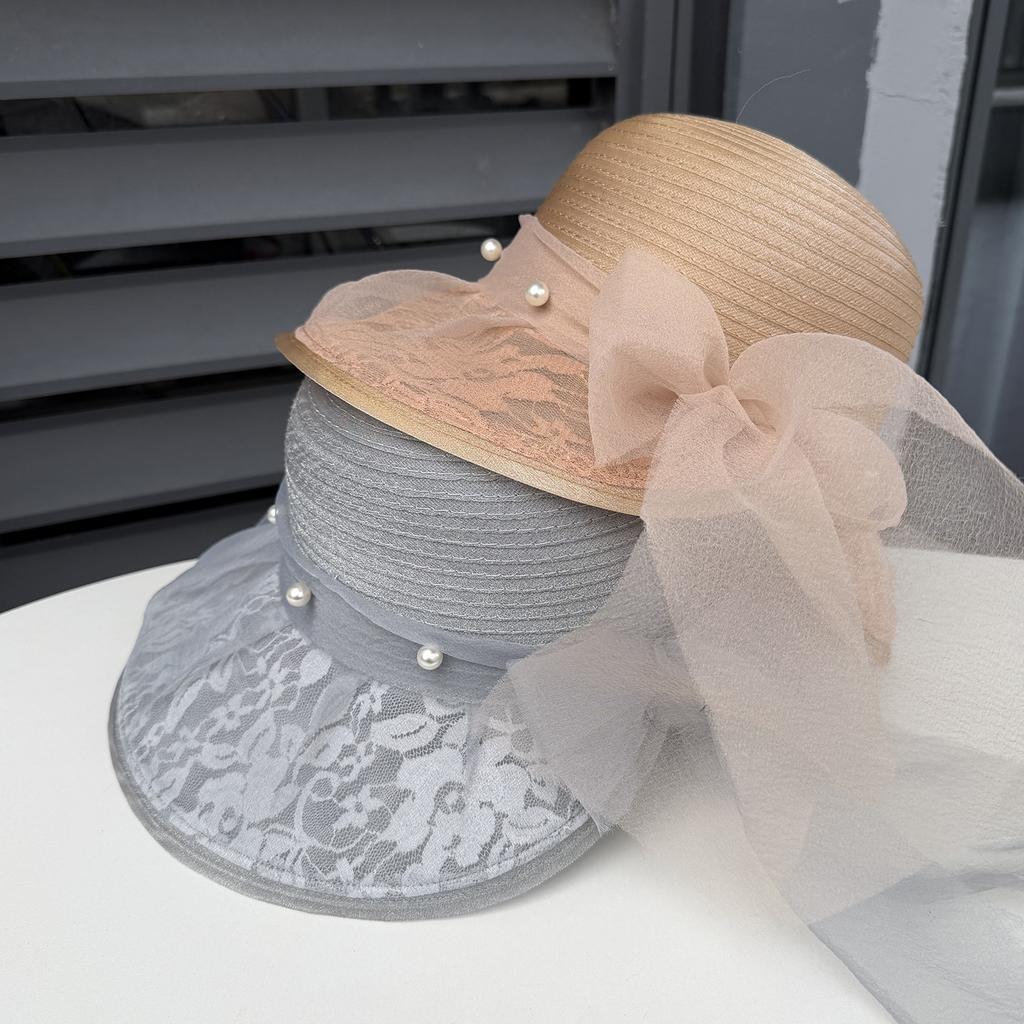Elegant pearl mesh bow split bucket hat women's new big brim beach hat summer sun hat
