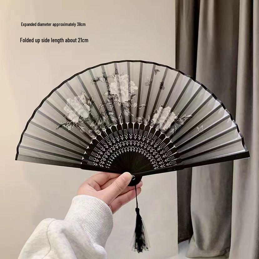 Portable Black Bamboo Folding Fan for Hanfu and Dance
