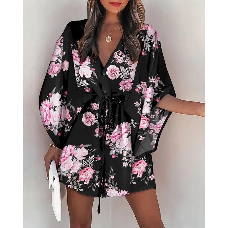 2026 Frühling Damen V-Ausschnitt Fledermausärmel Tropischer Print Kordelzug Taille Mini Strandkleid Urlaubs Überwurf Kurzes Kleid
