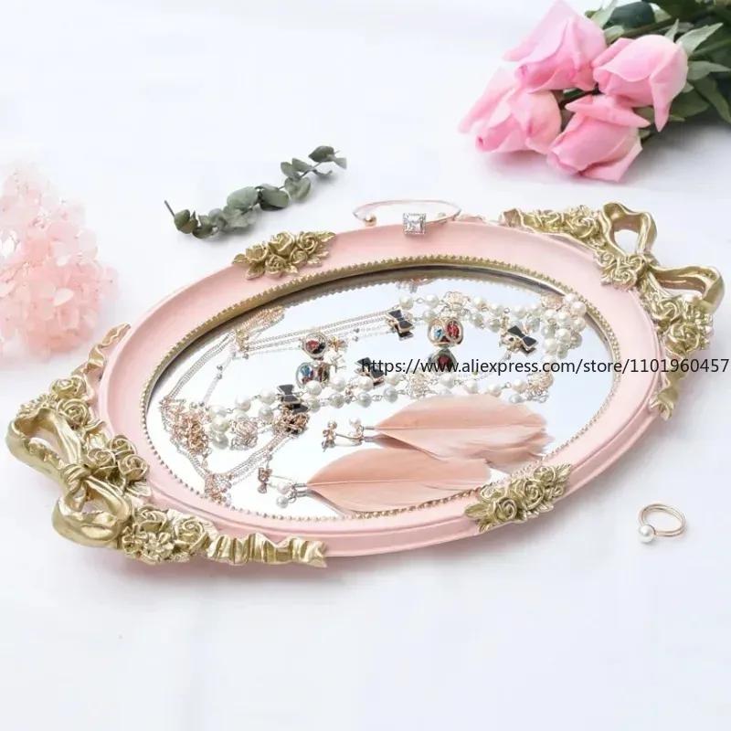 Retro Resin Storage Tray European Creative Relief Mirror Tray Fruit Plate Wedding Dessert Table Home Decor Jewelry Storage Tray