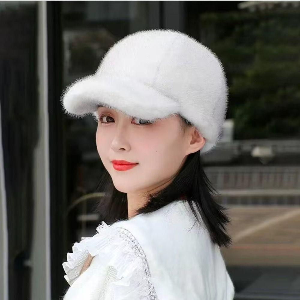 Solid Color Faux Fur Duckbill Hat Thickened Warm Plush Hat Casual Fluffy Baseball Hat Outdoor