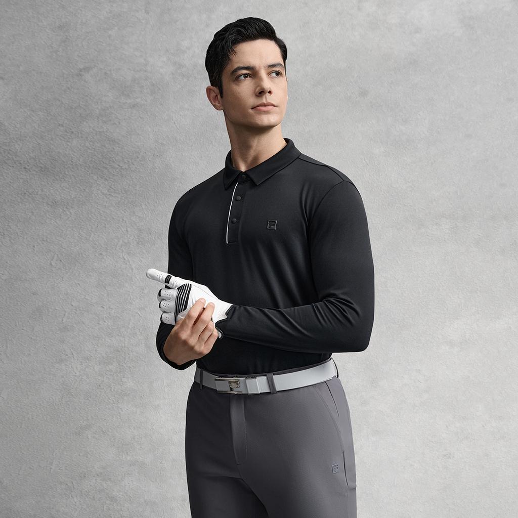 FILA Golf Series Simple Texture Casual Sports Comfortable Knitted Long Sleeve Polo Shirt Men tops Deep-Black A11M615210FBK