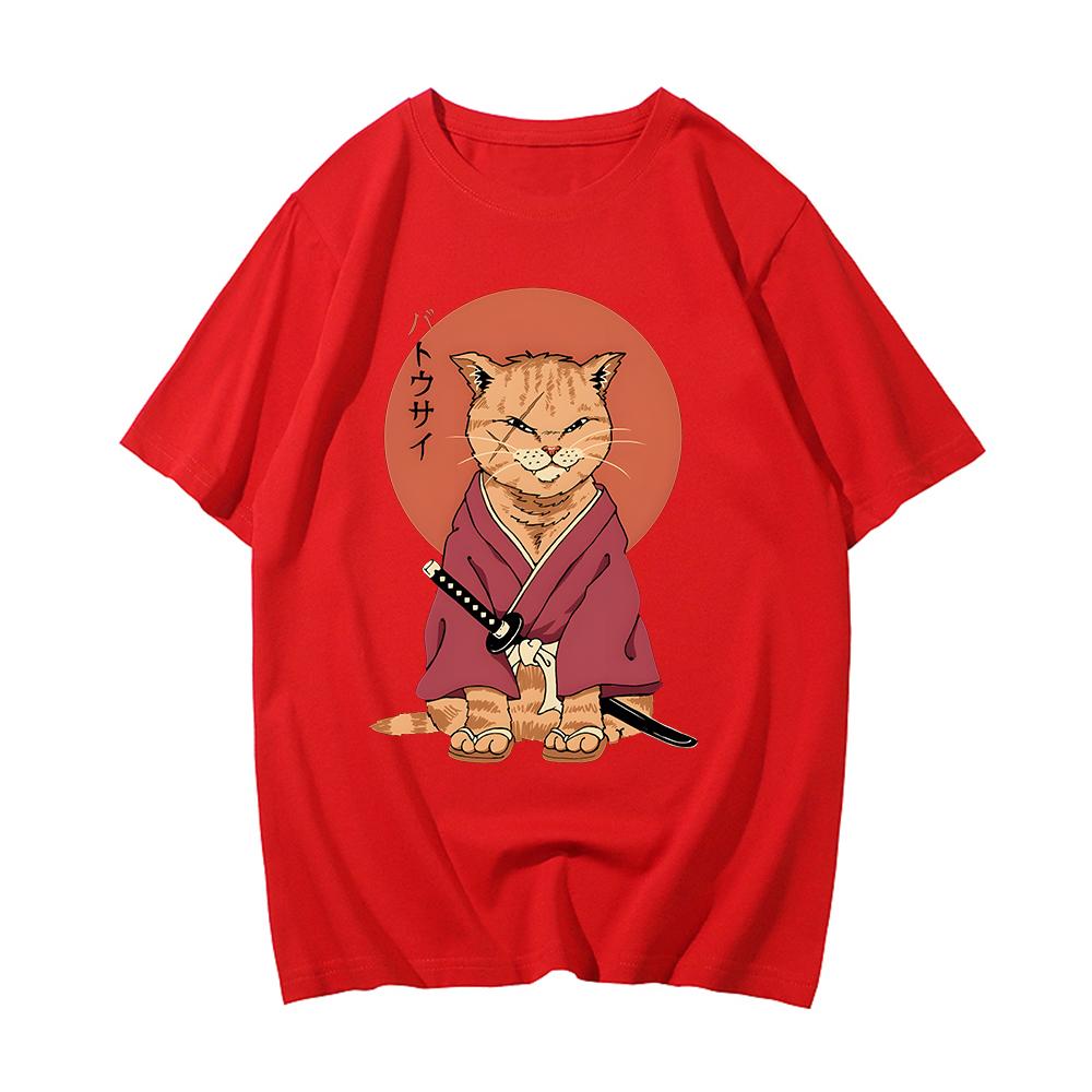 100% Cotton Tshirt Samurai Cat T Shirt Graphic Tees Mens Streetwear Spring and Summer O-neck T-shirt Cartoon Printing Tees-shirt