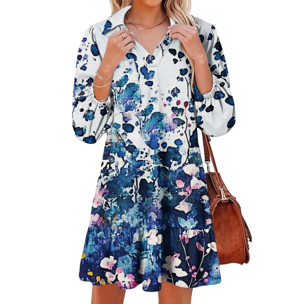 Damenmode Elegant Herbst Und Winter Langarm V-Ausschnitt Weihnachtsprint Kleid