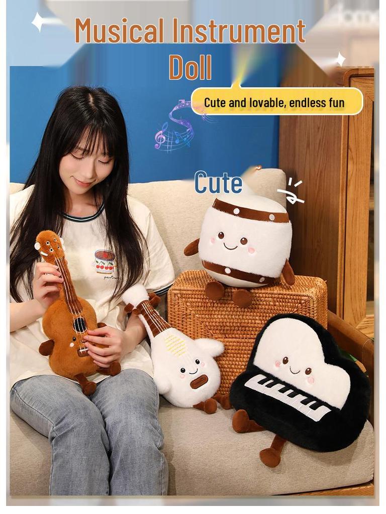 Çizgi Film Peluş Müzik Aleti Bebek - Klasik Piyano, Gitar ve Pipa Oyuncak Hediyelik