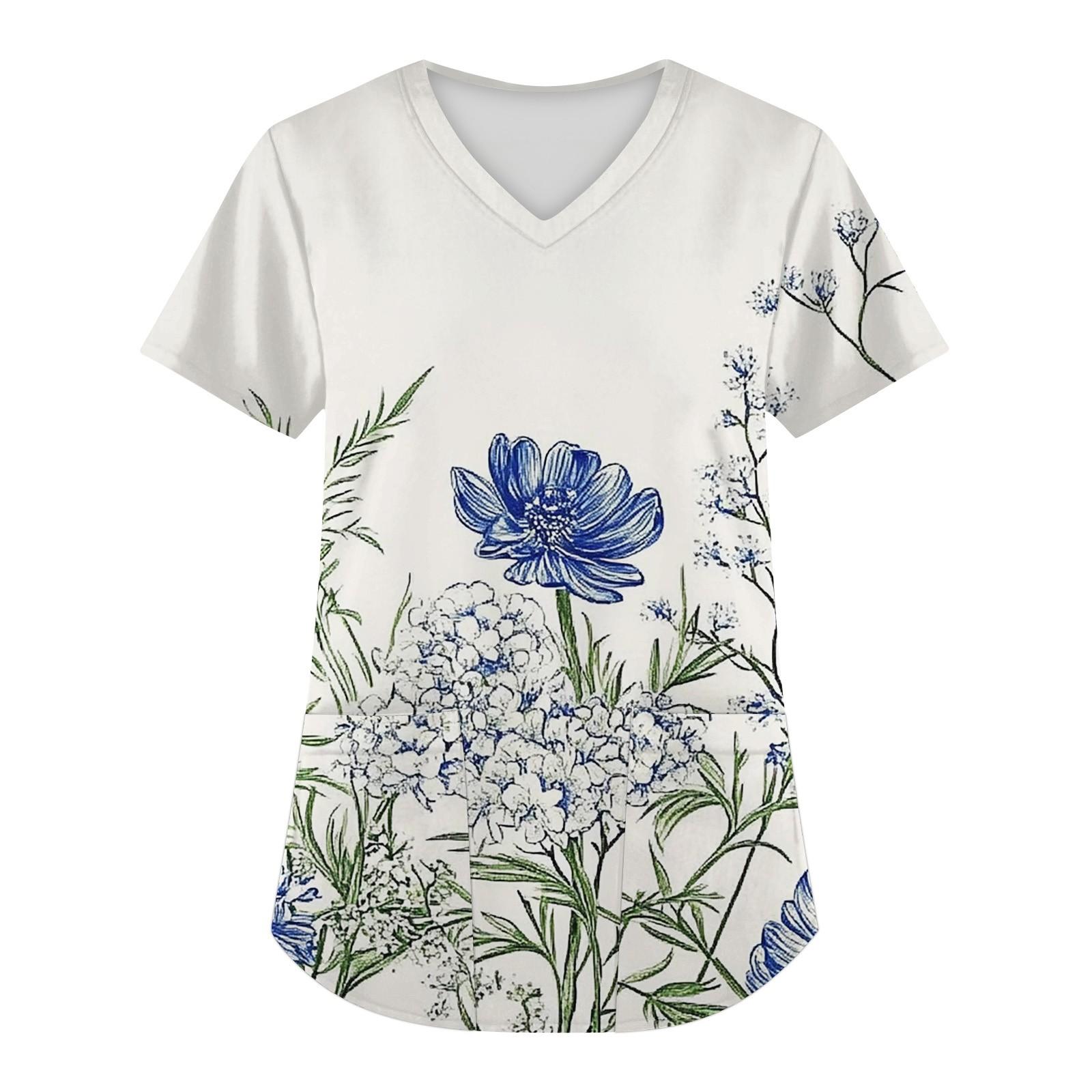 

Женская мода с коротким рукавом и V-образным вырезом с карманами и цветочным принтом Топы Одежда L синий