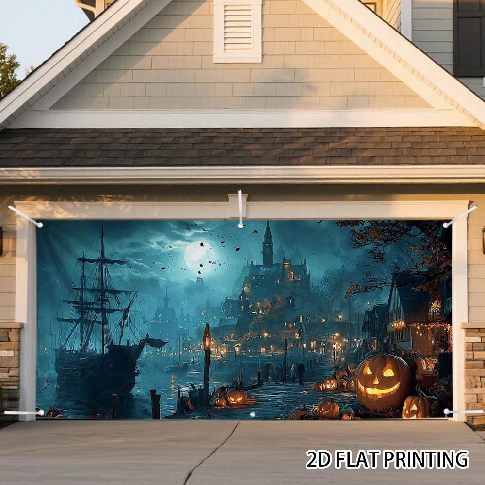 2D door banner, 1pc Ghost Halloween garage door banner - 2D flat printing, polyester, Halloween decoration 100x150cm