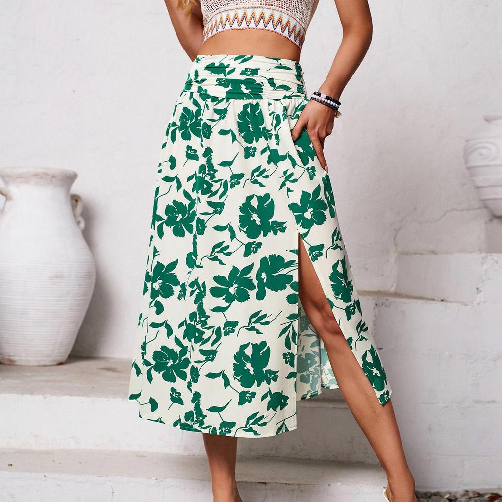 Women Spring Floral Print Skirt Summer Casual A-Line High Waist Middle Long Split Skirts S-XL