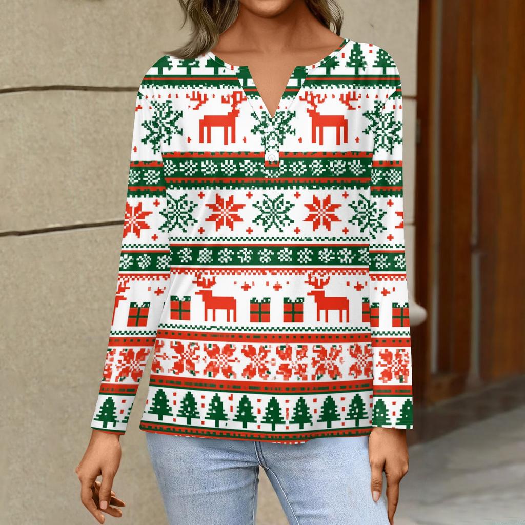 Women's Casual Christmas Print V-Neck Long Sleeve T-Shirt with Decorative Buttons for Holiday Parties