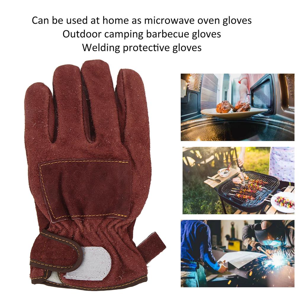 Heat Resistant Gloves Calf Leather Polyester Hand   BBQ Grill Oven Mitts Short Type