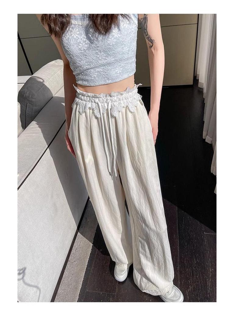 High-Waisted Sweet Lace Patchwork Wide-Leg Pants for Women - Loose-Fit Drawstring Trousers for Spring & Autumn