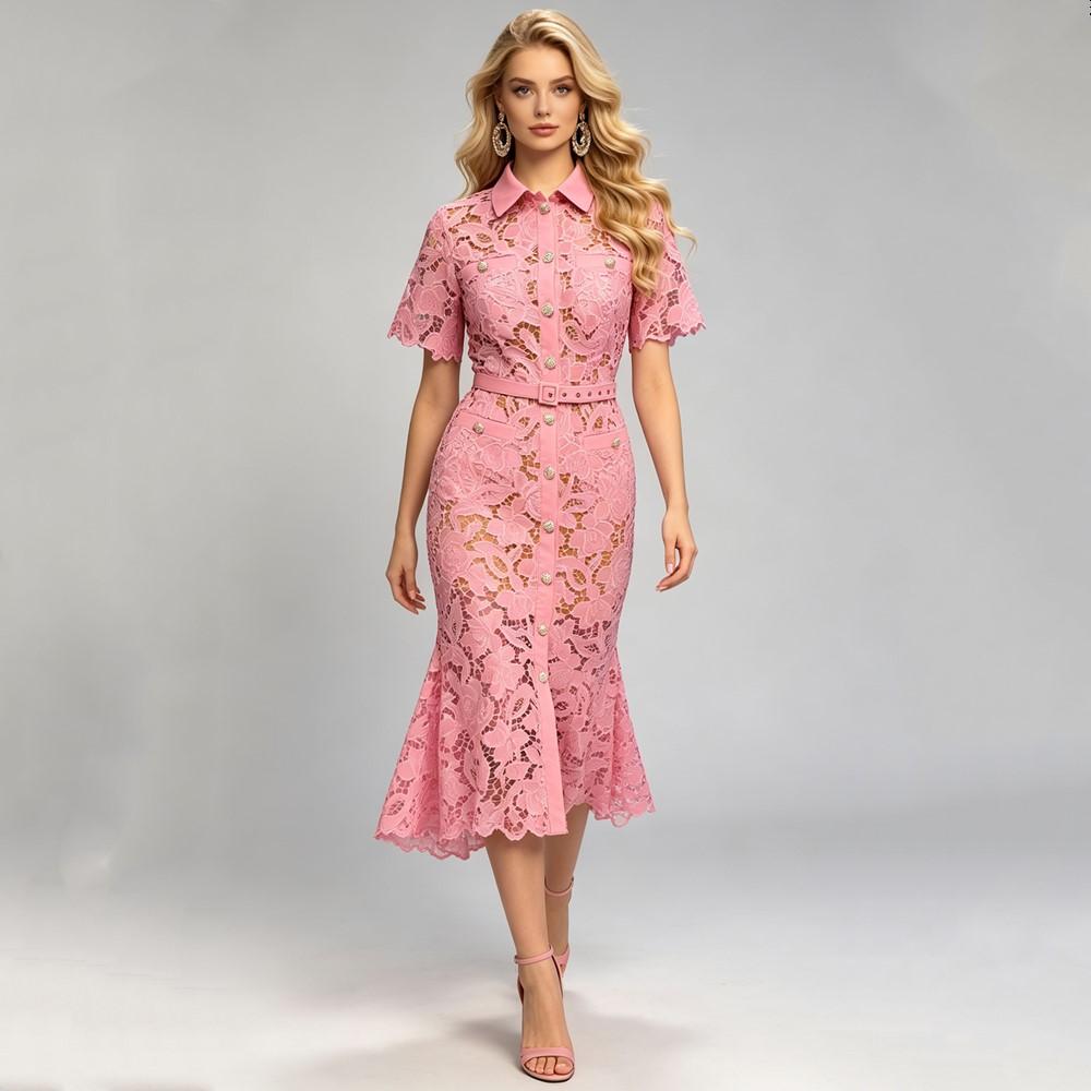 Short Sleeve Plus Size Lace Vintage Floral New In Dresses for Women Casual Long Summer Shirt Pencil Dress
