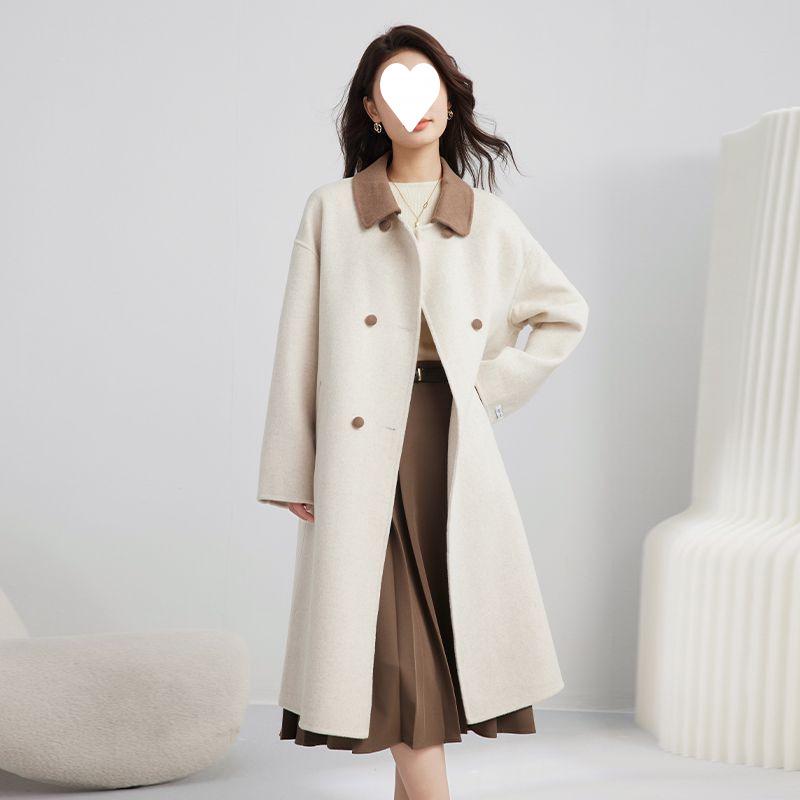 Women's Elegant Beige Woolen Mid-Length Coat, 2025 Winter French Casual, Petite Plus, Thick Outerwear