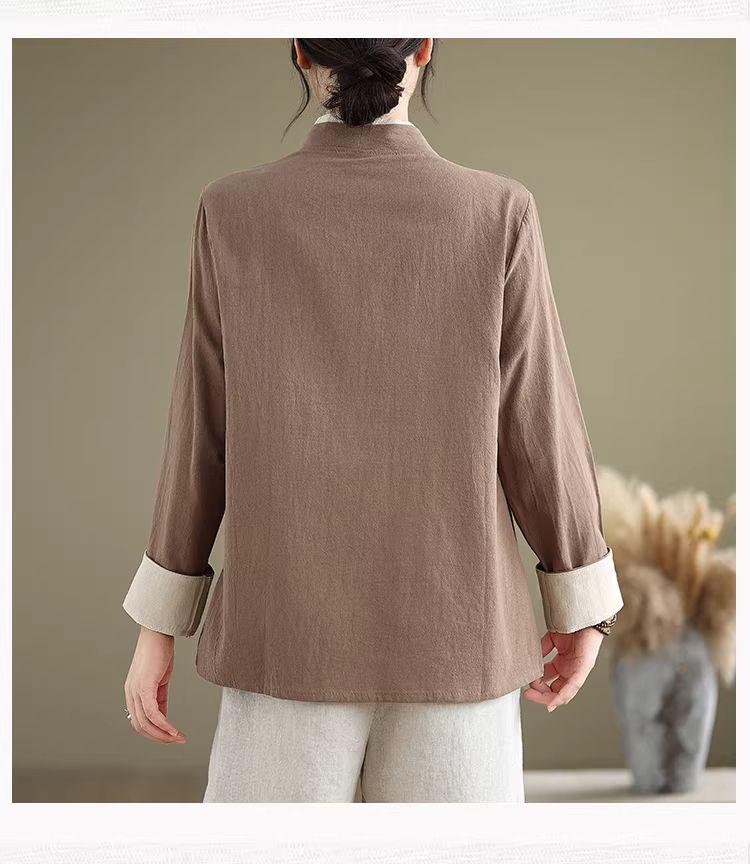 Plus Size Cotton Linen Zen Tea Shirt: Retro Chinese Style with Oblique Collar & Tie-up