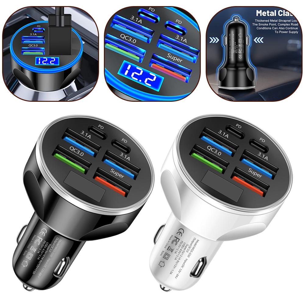 6 Ports USB Car Phone Charger LED Digital Display PD 12V/24V For QC3.0 Fast Charger For Phones Bluetooth-compatible Devices
