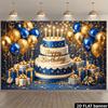 2D planar dark blue gold luxurious birthday party backdrop with a three-tier cake and "Happy Birthday" at the center.PMJ