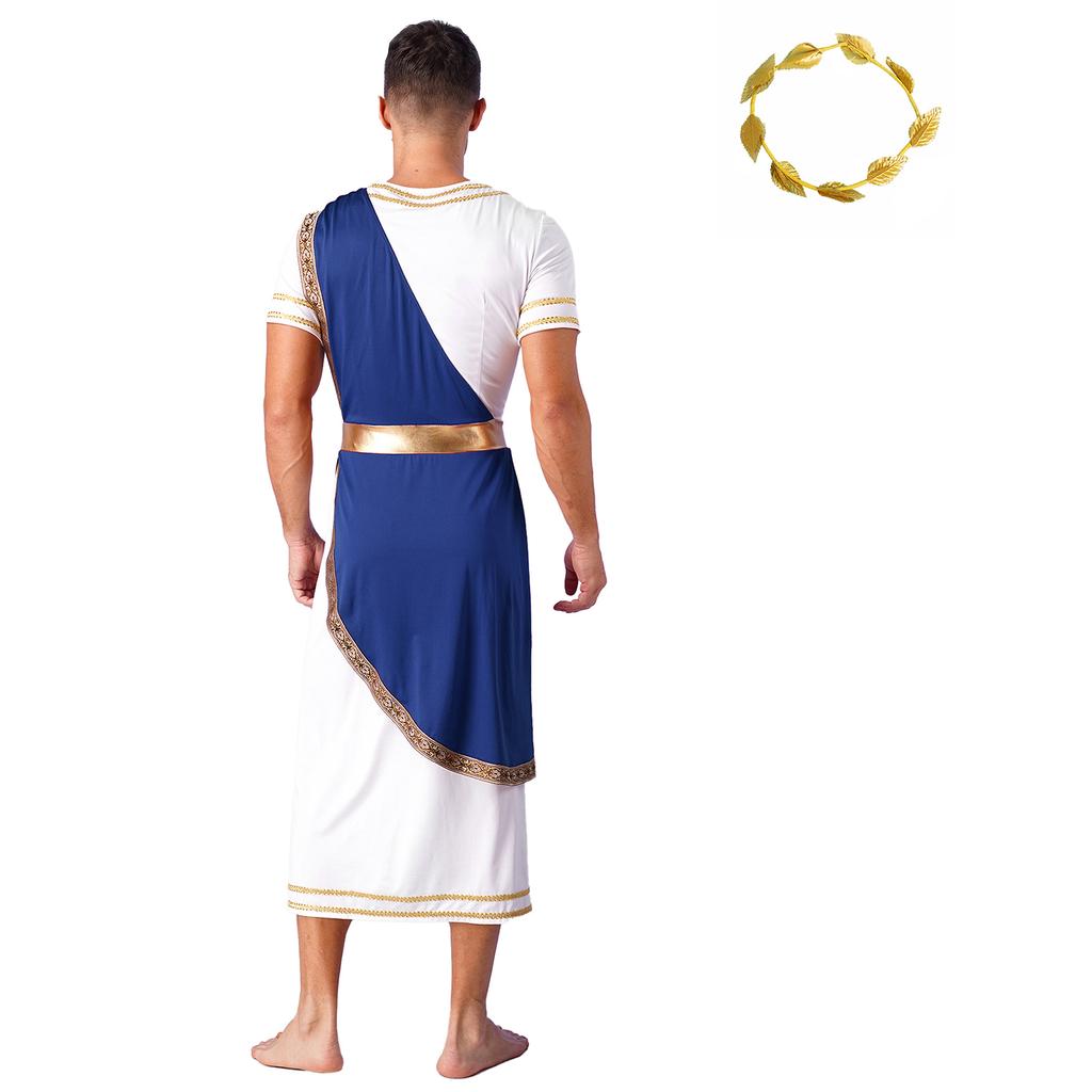 Mens Ancient Greek Toga Costume Short Sleeve Retro Gold Trim Roman Robe Headband Cosplay