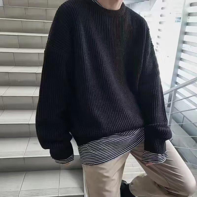 Loose Men's Pullover Knitwear Solid Color Round Neck Winter Base Layer Hong Kong Style Casual Crew Neck Sweater Autumn Winter