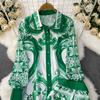 Spring Autumn Vintage Designer Print Runway Trouser 2 Piece Set Women Turn-down Collar Shirt And Elastic Waist Pocket Pant Suit
