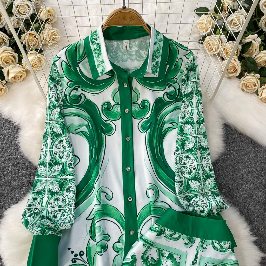 Spring Autumn Vintage Designer Print Runway Trouser 2 Piece Set Women Turn-down Collar Shirt And Elastic Waist Pocket Pant Suit