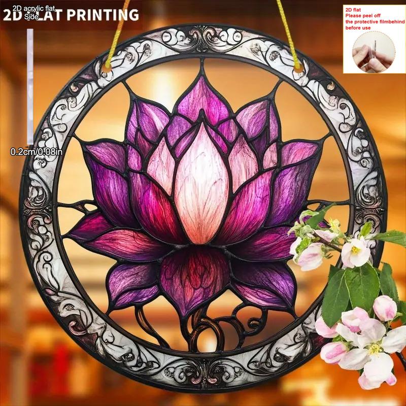  Elegant for Lotus Flower Sun Catcher, Round Acrylic Sign, Stained Glass Style Window Hanging Decoration, Romantic, Perfect for Home Decoration  