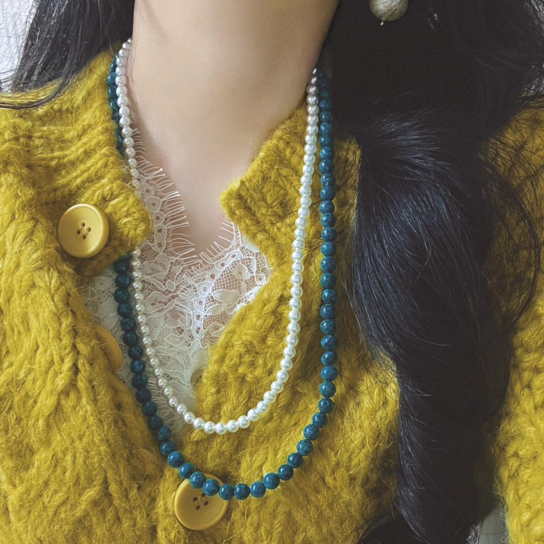 High Quality Artificial Turquoise Crystal Pearl Necklace Sweater Chain