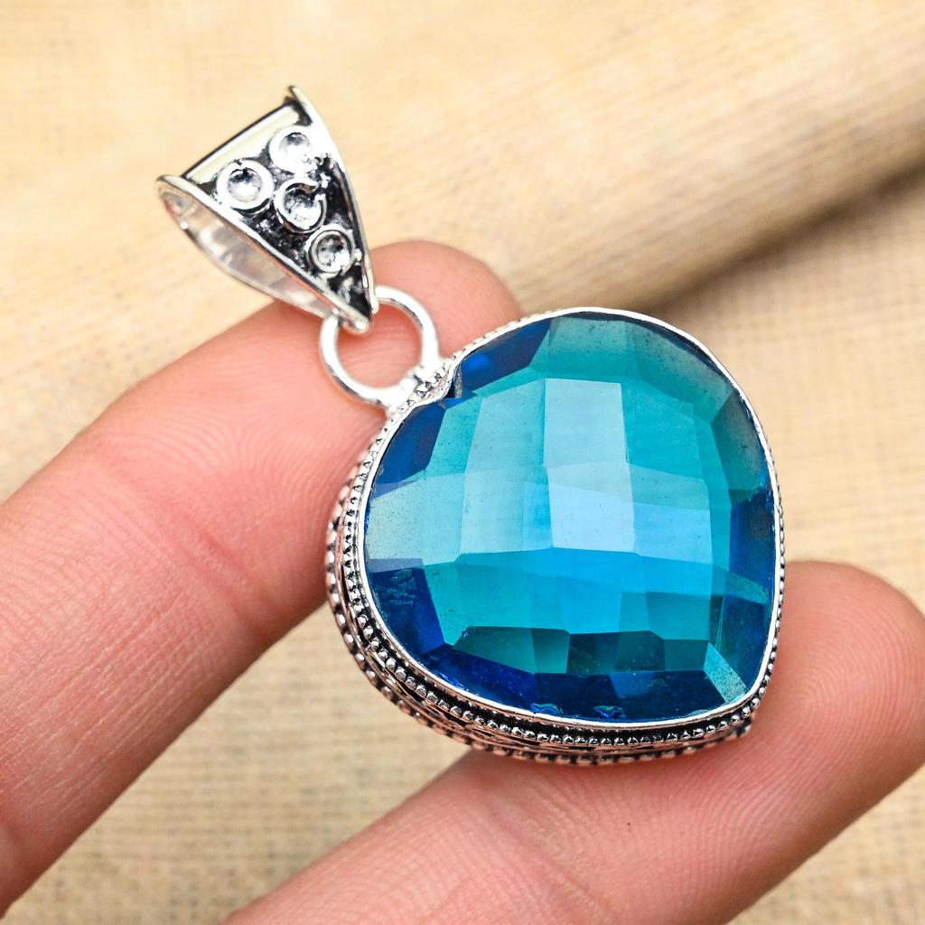 Blue Topaz Natural Gemstone Jewelry Vintage Pendent 925 Solid Sterling Silver For Wedding Gift