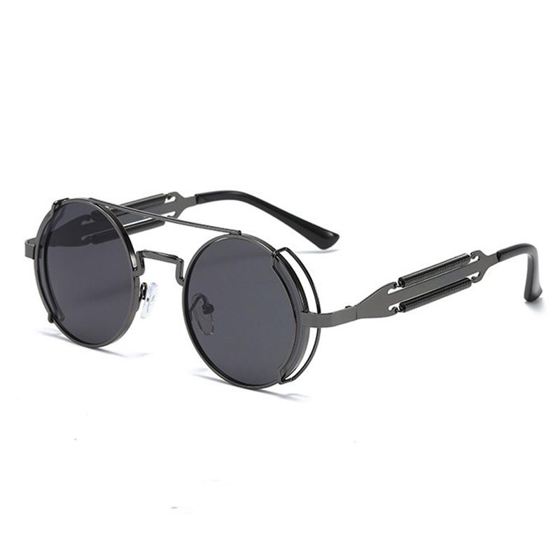Cyberpunk Round Frame Sunglasses for Men Stainless Steel Hollowed Out Mirror Legs Avant Garde Fashion