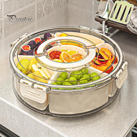 Obstteller, Snack-Spinner, unterteiltes Serviertablett mit Deckelgriff, Speiseplatte für Wurst und Gemüse, Reise-Picknick-Snack-Organizer