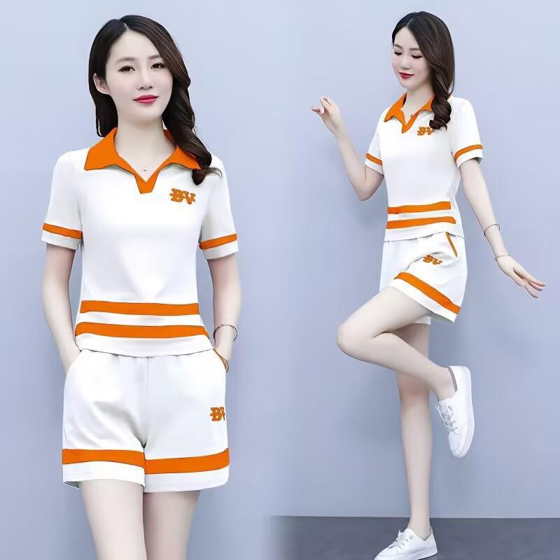 Women's 2024 Summer Stylish Korean Polo Lapel Short-Sleeve Shorts Set