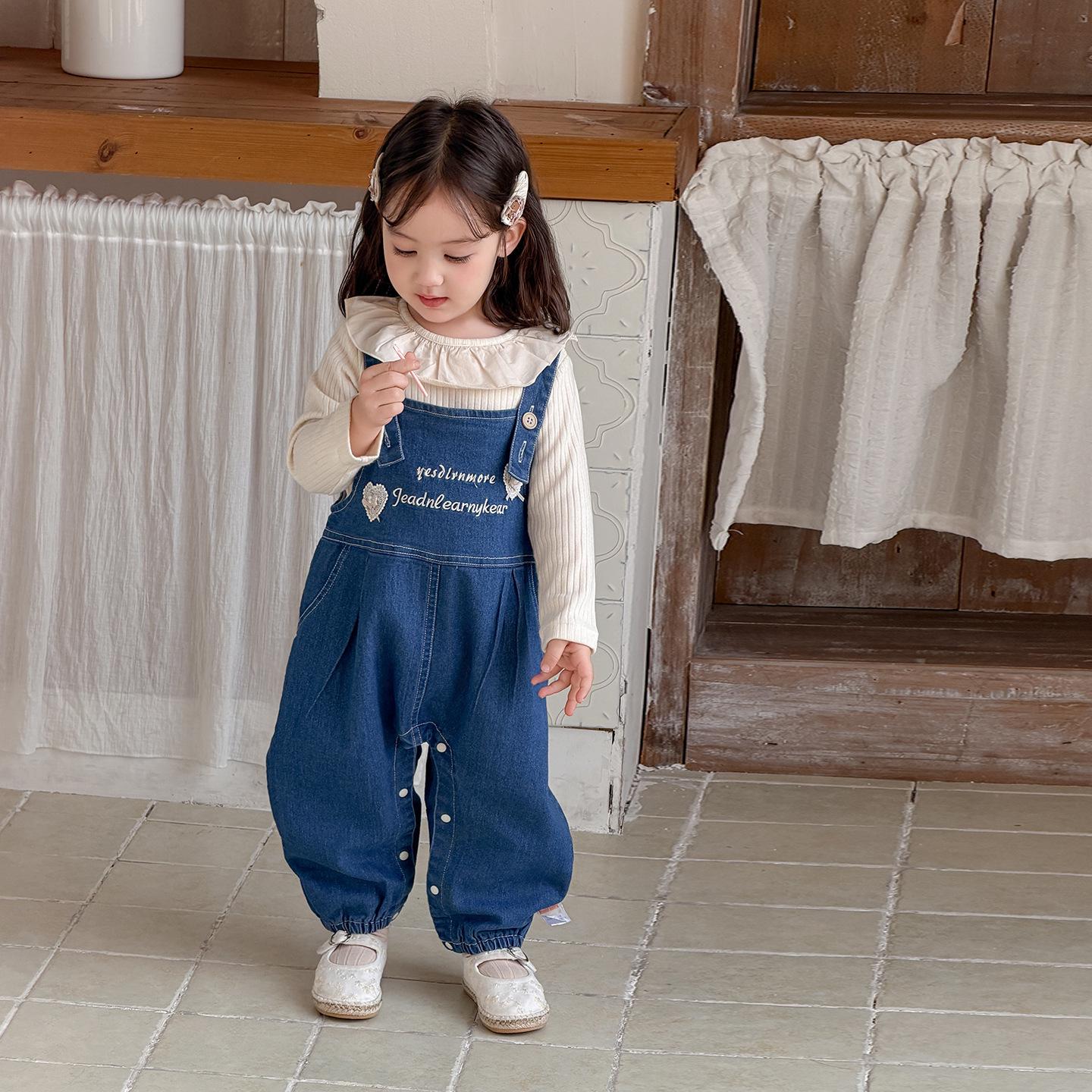 2026 Spring Korean Style Girls  Two-Piece Set: Simple Baby Girls  Base Layer and Overalls 80cm синий