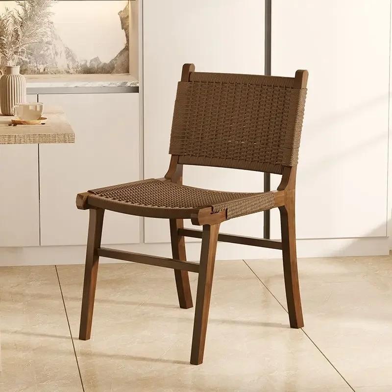 Nordic Wooden Rattan Lightweight Luxury Balcony Chair Rope-Woven Lazy Recliner Stylish Saddle Backrest Seat