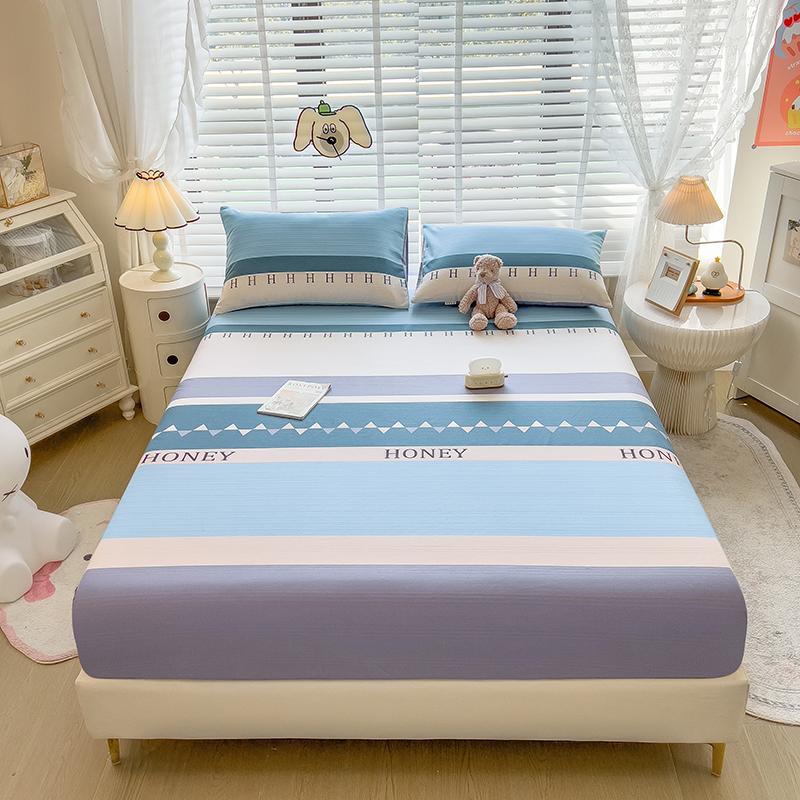 3pcs Grey Striped Cotton Fitted Sheet, Set Adult Kid Teen Bedroom Thickened Bedding with 2 Pillowcases, Geometric Line Bed Cover