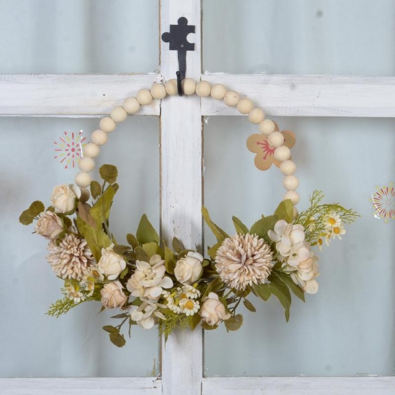 Artificial Flower Wood Beads Wreath Spring Wreath Decoration for Front Door Farmhouses Wedding Thanksgiving Decoration