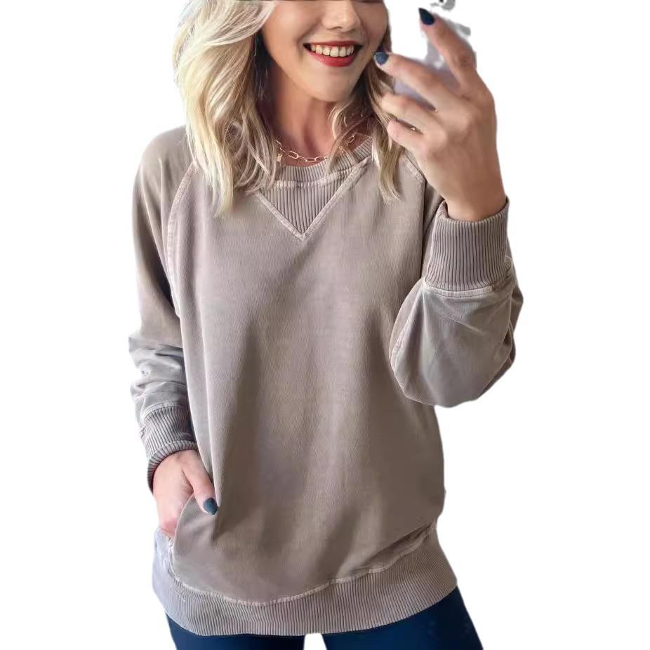 

Brick Red Relaxed Round Neck Long Sleeve Top with V-Knit Detail and Side Pockets S