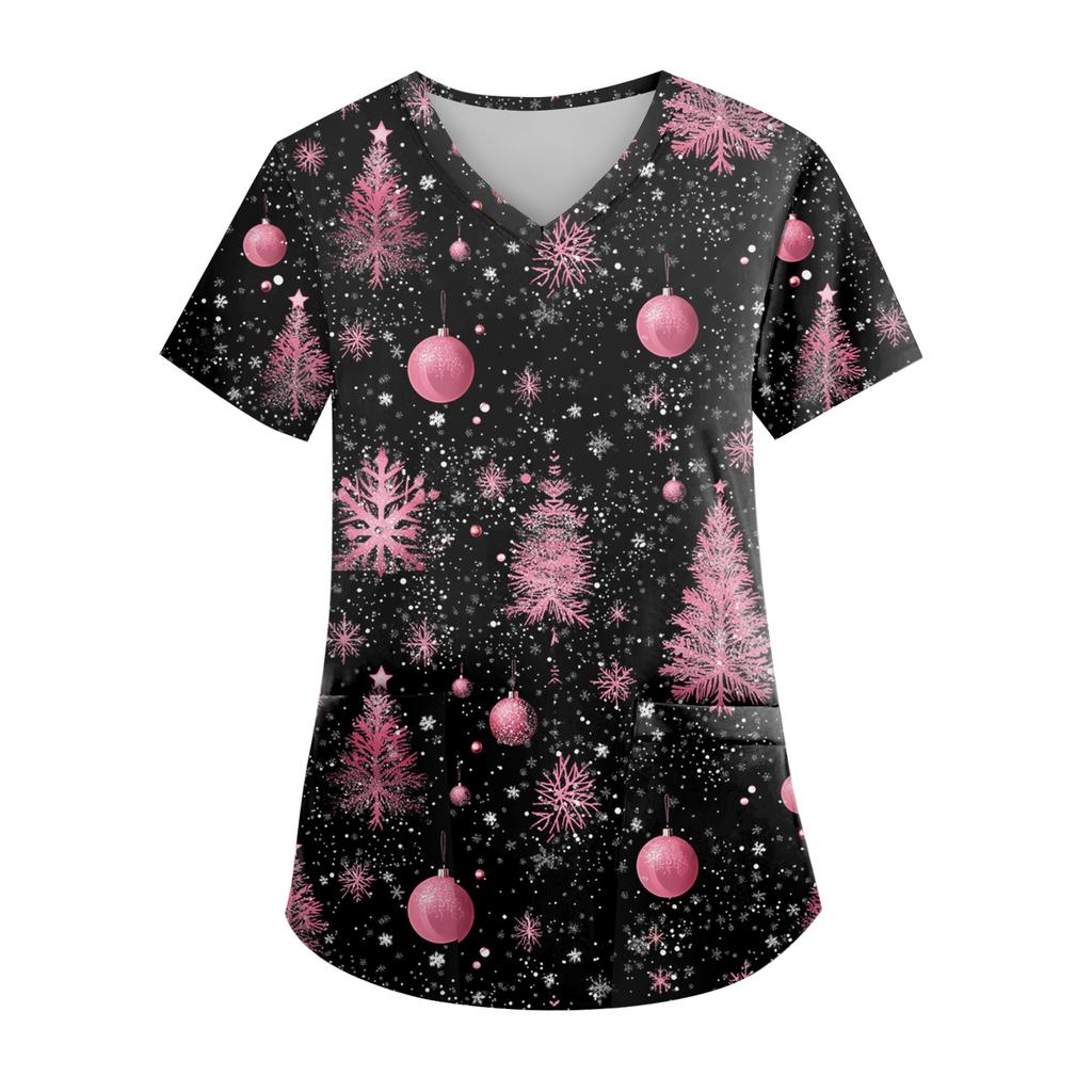Women's V-neck Christmas Print Short-sleeved Pocket Side Slit Uniform Top
