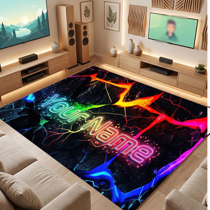 City Cyberpunk Theme Crystal Velvet Floor Rug Personalized Custom Name Text Warm Carpet Home Decoration