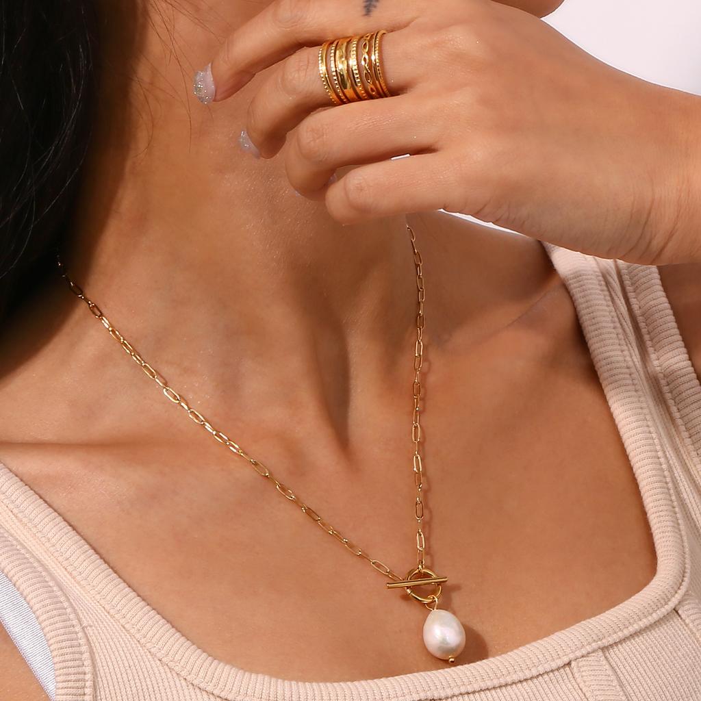 MamacitaSlay Stainless Steel Imitation Baroque Pearl Pendant OT Buckle Necklaces Women's Elegant Waterproof Neck Jewelry Gift