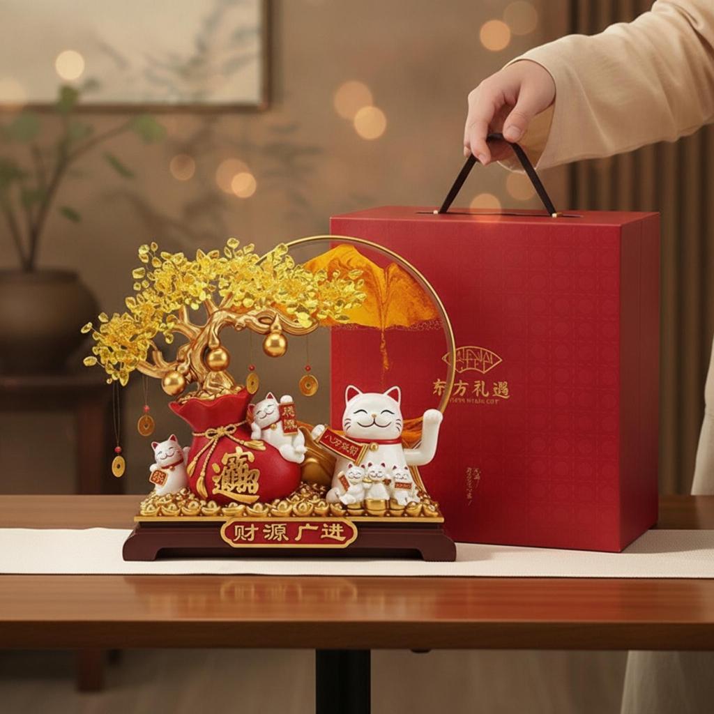 Wealth Tree Ornament with Auspicious Cat Traditional Maneki-Neko Display Festive
