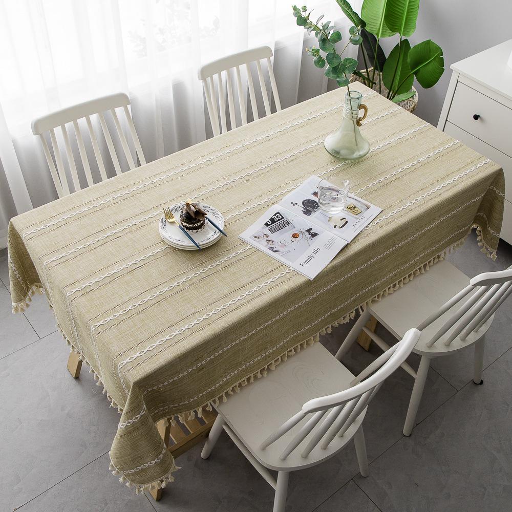 Luxurious Rectangular Cotton Linen Tablecloth with Tassel and Embroidery