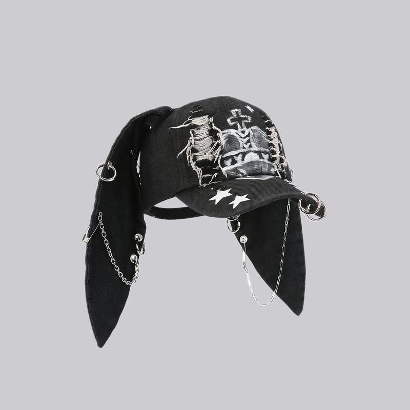 Postapocalyptic Rabbit Ear Distressed Baseball Cap With Sunblock For Street Fashion Enthusiasts
