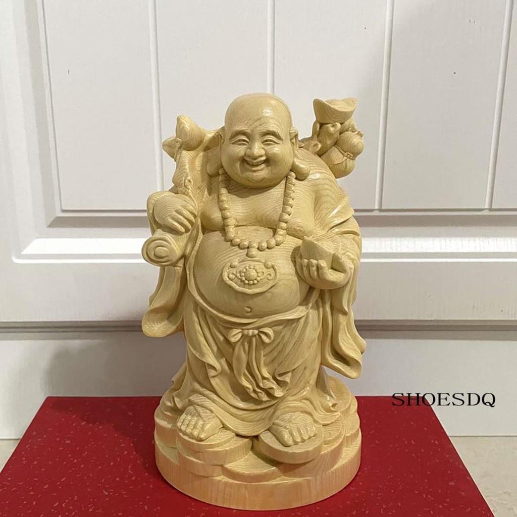 Wood Carved Buddha Statue Hotei Cypress Wooden High Quality Wood Money Luck Ornament Ornament, Carving, (Size 16cm)