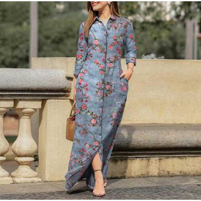 Women's Casual Printed Pocket Button-Down Long Dress with Turn-Down Collar