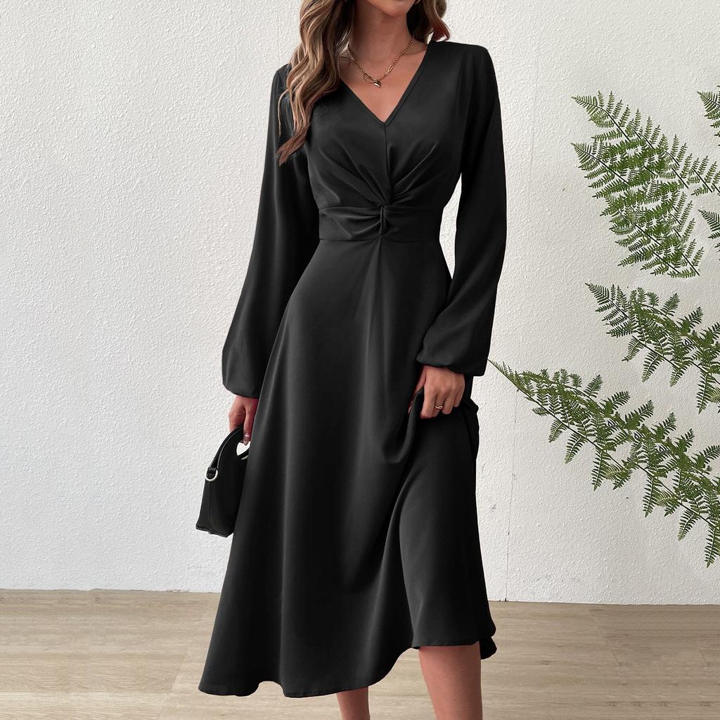 Women's Fashion Casual Solid Color V-neck Twisted Long-sleeve Dress
