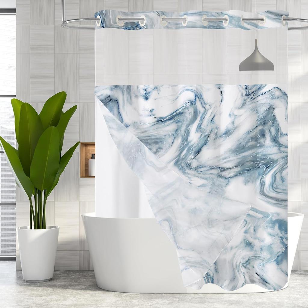 No Hooks Needed Marble Shower Curtain Set with Snap-in Liner, Modern Abstract Shower Curtains for Luxury Hotel Grade Spa-Like Bathroom Decor