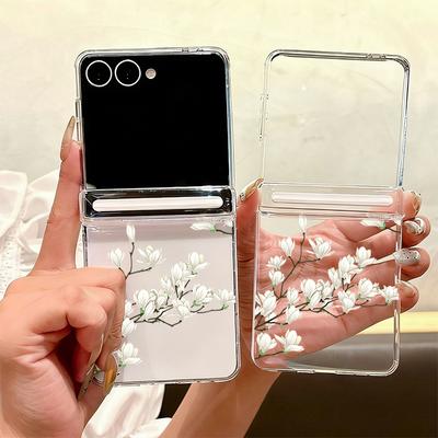 Blumenbedruckte magnetische durchsichtige Handyhülle für Samsung Galaxy Z Flip7 FE Flip6 Flip5 Flip7 6 5 faltbare transparente harte PC-Abdeckung