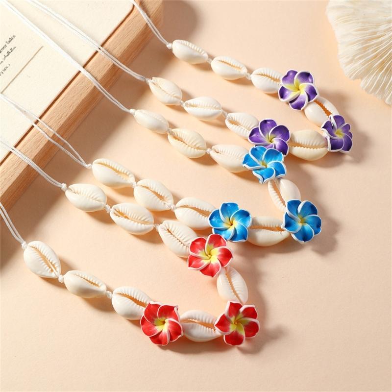 Elegant Soft Clay Flower and Shell Pendant Necklace Sturdy Flexible Chain Jewelry Accessory Gift